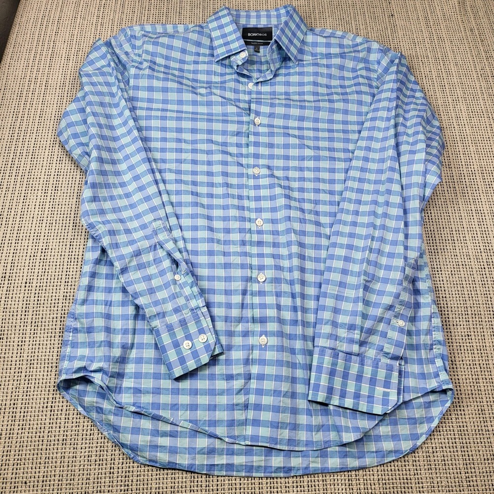 Bonobos Shirt Mens Large Blue Check Long Sleeve Button Front Slim‎ Fit Casual